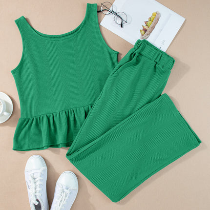 Beau Blue Solid Color Ribbed Ruffle Tank Top and Pants Set