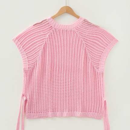 Apricot Plus Size Open Knit Bow Tie Short Sleeve Sweater