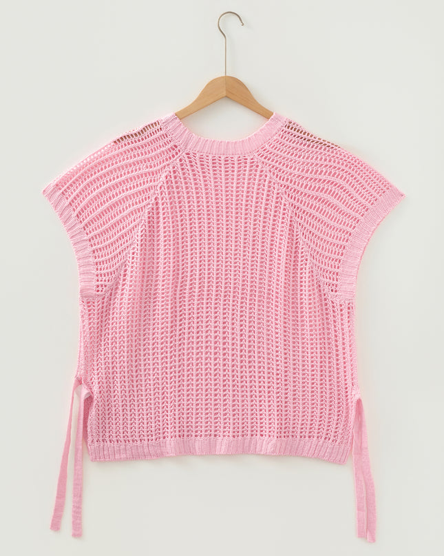 Apricot Plus Size Open Knit Bow Tie Short Sleeve Sweater
