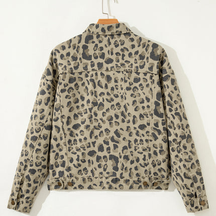 Khaki Retro Leopard Print Seam Detail Button Down Denim Jacket
