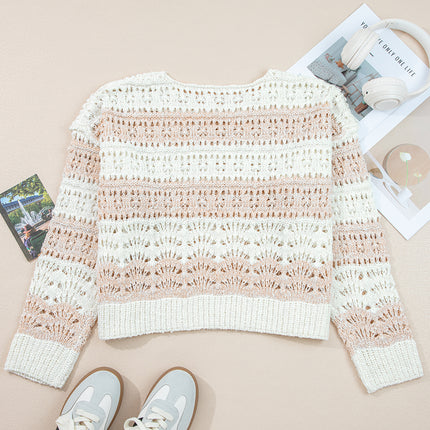 Pink Hollow-out Colorblock Drop Shoulder Casual Sweater