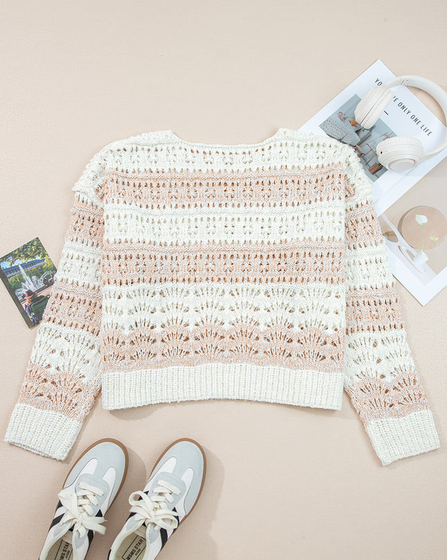 Pink Hollow-out Colorblock Drop Shoulder Casual Sweater