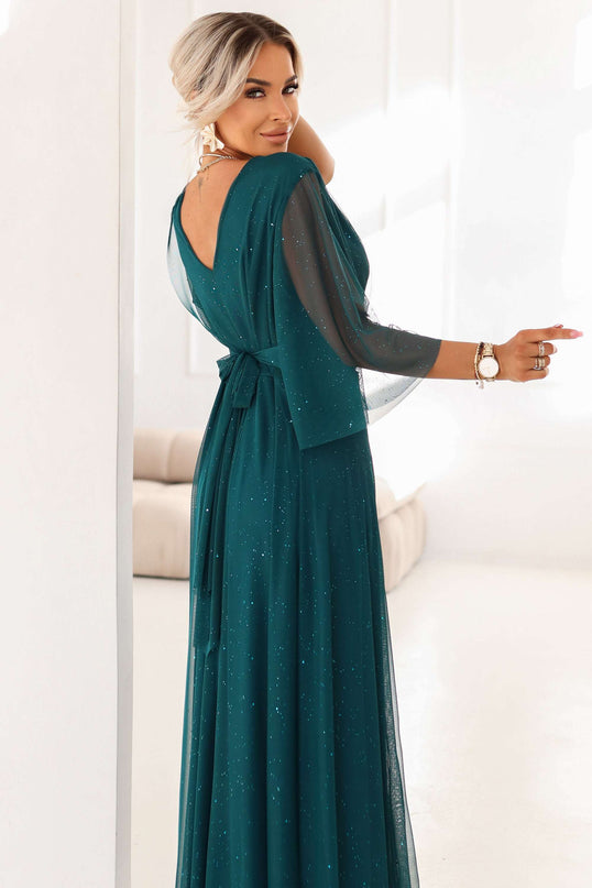 654-1 Long, shimmering plus-size dress with a scoop neckline and sheer sleeves - bottle green