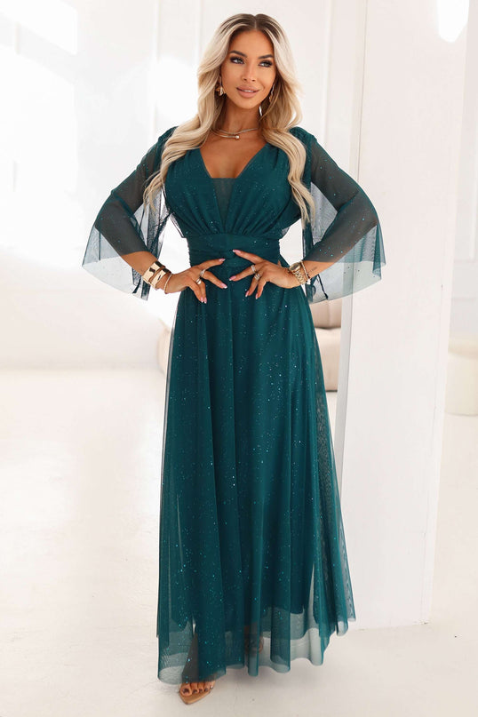 654-1 Long, shimmering plus-size dress with a scoop neckline and sheer sleeves - bottle green