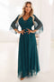 654-1 Long, shimmering plus-size dress with a scoop neckline and sheer sleeves - bottle green