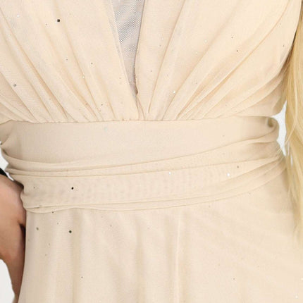 654-2 Long, shimmering plus-size dress with a scoop neckline and sheer sleeves - champagne beige