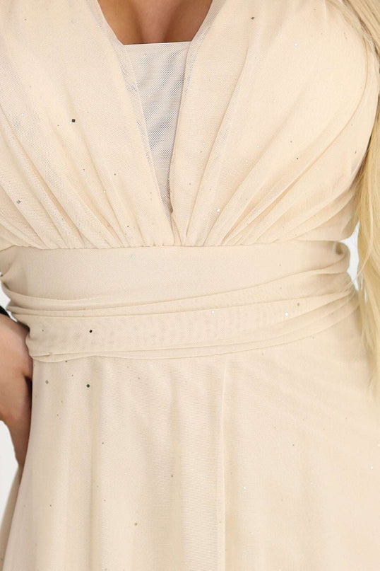 654-2 Long, shimmering plus-size dress with a scoop neckline and sheer sleeves - champagne beige