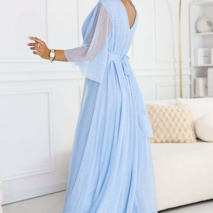 654-3 Long Shimmering Plus Size Dress with Neckline and Transparent Sleeve - Light Blue