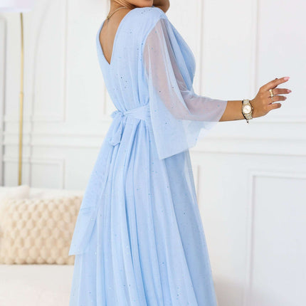 654-3 Long Shimmering Plus Size Dress with Neckline and Transparent Sleeve - Light Blue