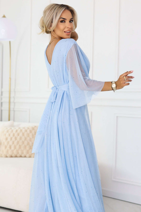 654-3 Long Shimmering Plus Size Dress with Neckline and Transparent Sleeve - Light Blue