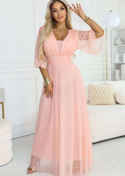 654-4 Long Shimmering Plus Size Dress with Neckline and Transparent Sleeve - Peach