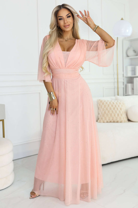 654-4 Long Shimmering Plus Size Dress with Neckline and Transparent Sleeve - Peach