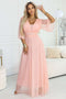654-4 Long Shimmering Plus Size Dress with Neckline and Transparent Sleeve - Peach