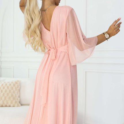 654-4 Long Shimmering Plus Size Dress with Neckline and Transparent Sleeve - Peach