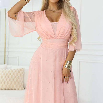 654-4 Long Shimmering Plus Size Dress with Neckline and Transparent Sleeve - Peach