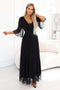 654-5 Long shimmering plus size dress with neckline and transparent sleeve - black