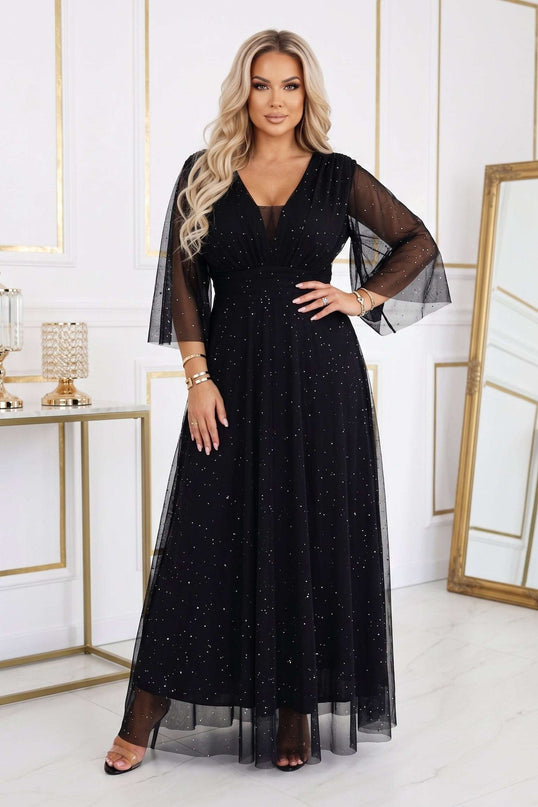 654-5 Long shimmering plus size dress with neckline and transparent sleeve - black