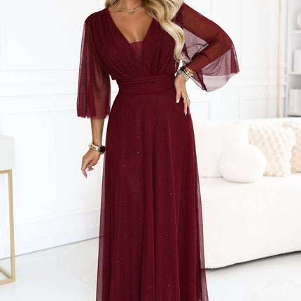 654-6 Long shimmering plus size dress with neckline and sheer sleeve - burgundy