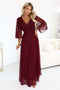 654-6 Long shimmering plus size dress with neckline and sheer sleeve - burgundy