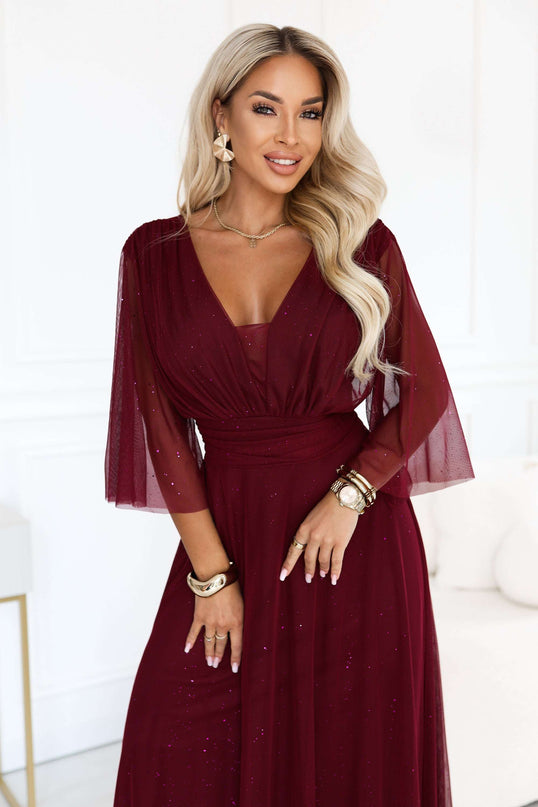 654-6 Long shimmering plus size dress with neckline and sheer sleeve - burgundy