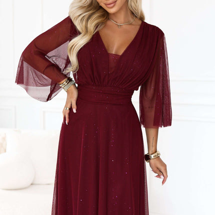 654-6 Long shimmering plus size dress with neckline and sheer sleeve - burgundy