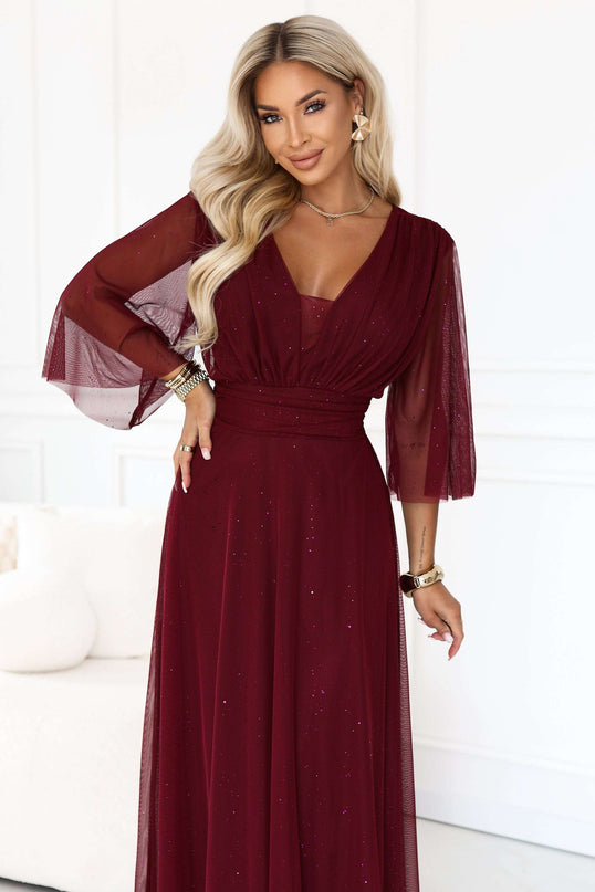 654-6 Long shimmering plus size dress with neckline and sheer sleeve - burgundy