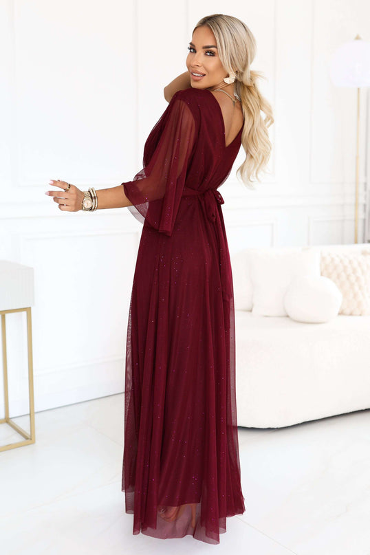 654-6 Long shimmering plus size dress with neckline and sheer sleeve - burgundy
