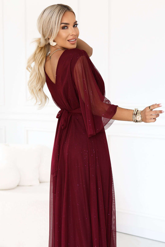 654-6 Long shimmering plus size dress with neckline and sheer sleeve - burgundy