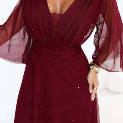 654-6 Long shimmering plus size dress with neckline and sheer sleeve - burgundy