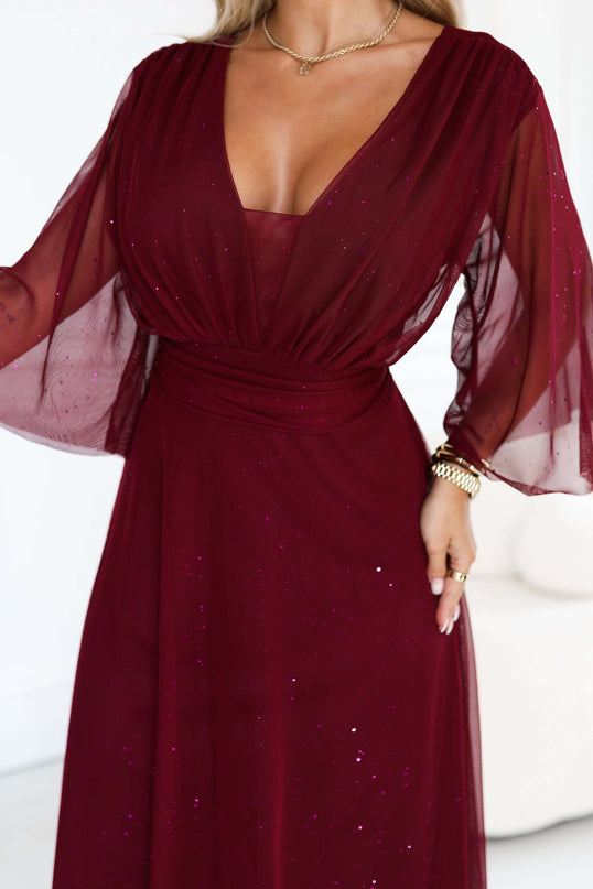 654-6 Long shimmering plus size dress with neckline and sheer sleeve - burgundy