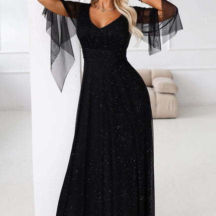 655-1 Long, shimmering dress with a neckline and transparent sleeves - black