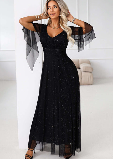 655-1 Long, shimmering dress with a neckline and transparent sleeves - black