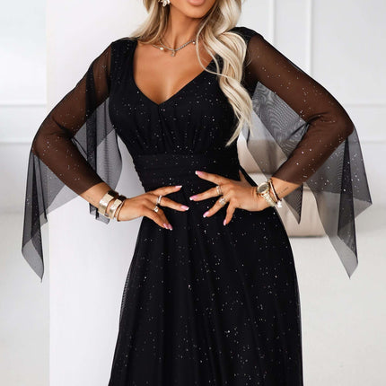 655-1 Long, shimmering dress with a neckline and transparent sleeves - black