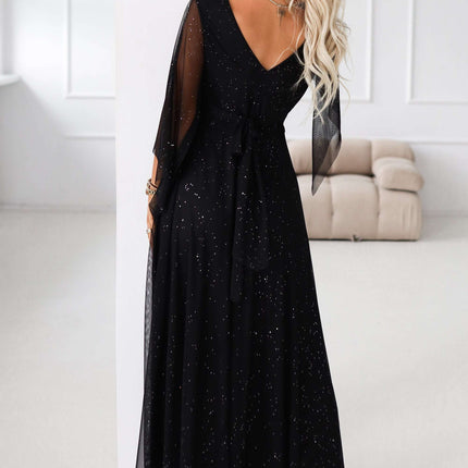 655-1 Long, shimmering dress with a neckline and transparent sleeves - black