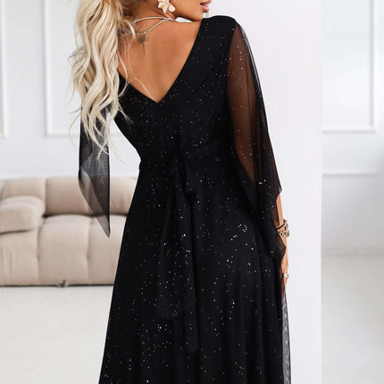 655-1 Long, shimmering dress with a neckline and transparent sleeves - black
