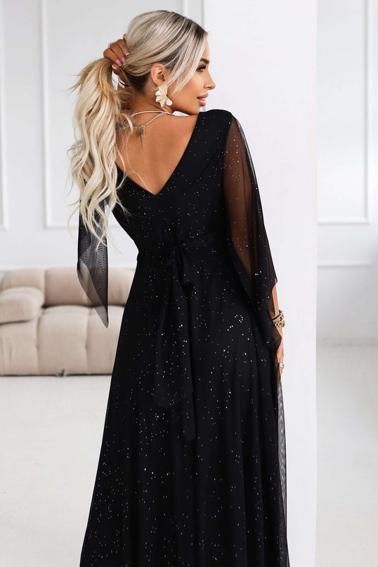 655-1 Long, shimmering dress with a neckline and transparent sleeves - black