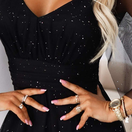 655-1 Long, shimmering dress with a neckline and transparent sleeves - black