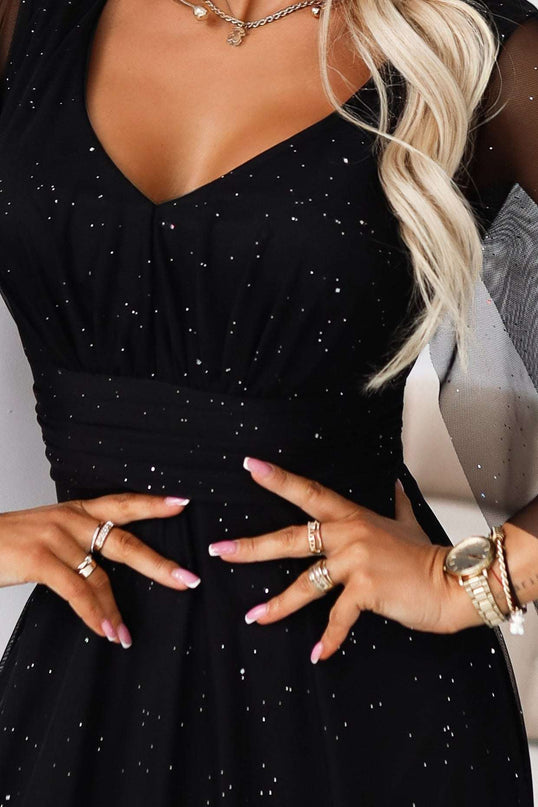 655-1 Long, shimmering dress with a neckline and transparent sleeves - black