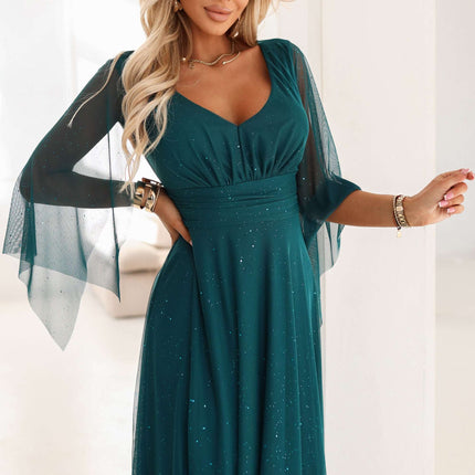 655-2 A long, shimmering dress with a plunging neckline and sheer sleeves - emerald green