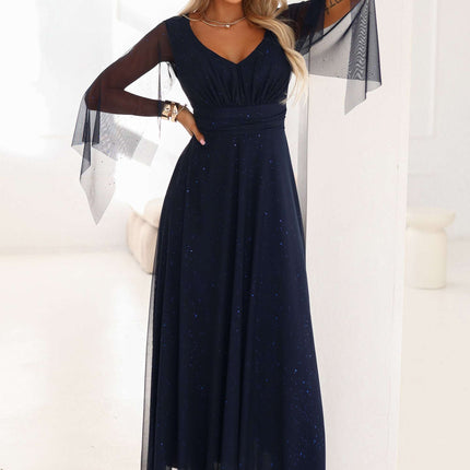 655-3 A long, shimmering dress with a neckline and transparent sleeves - navy blue