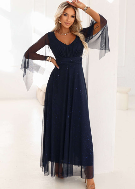 655-3 A long, shimmering dress with a neckline and transparent sleeves - navy blue