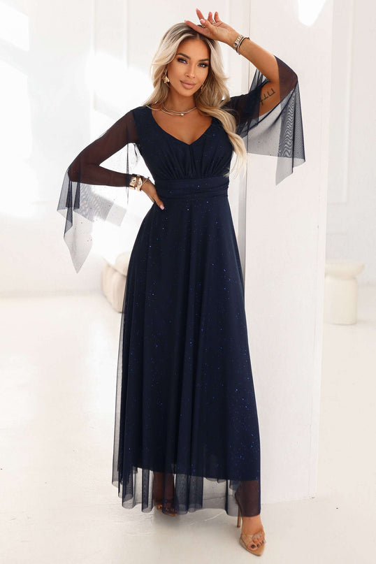 655-3 A long, shimmering dress with a neckline and transparent sleeves - navy blue