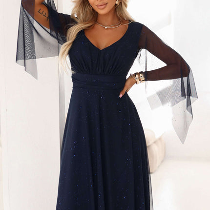 655-3 A long, shimmering dress with a neckline and transparent sleeves - navy blue