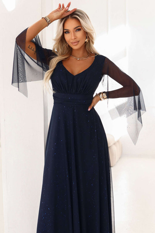 655-3 A long, shimmering dress with a neckline and transparent sleeves - navy blue