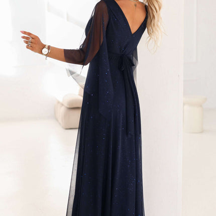 655-3 A long, shimmering dress with a neckline and transparent sleeves - navy blue
