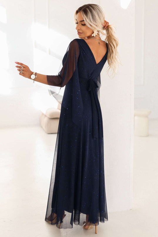 655-3 A long, shimmering dress with a neckline and transparent sleeves - navy blue