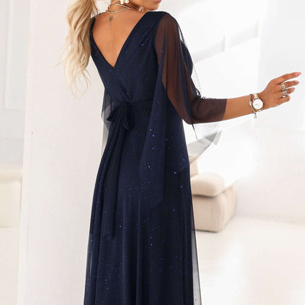 655-3 A long, shimmering dress with a neckline and transparent sleeves - navy blue
