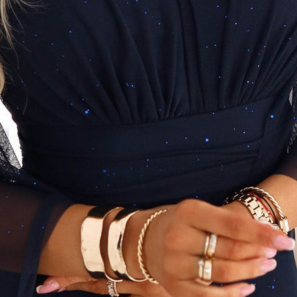 Navy Blue Long Dress with Sheer Sleeves and Neckline
