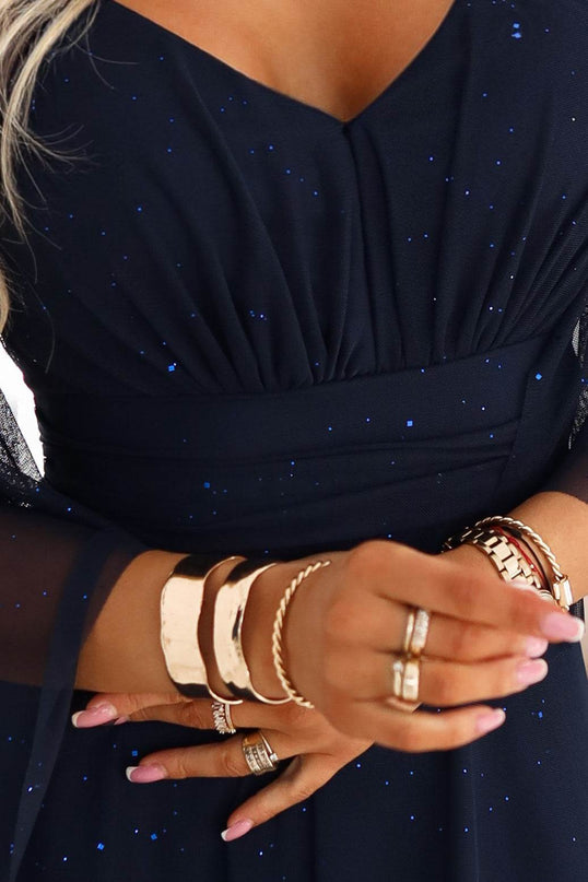 Navy Blue Long Dress with Sheer Sleeves and Neckline