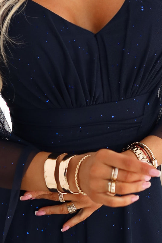 655-3 A long, shimmering dress with a neckline and transparent sleeves - navy blue